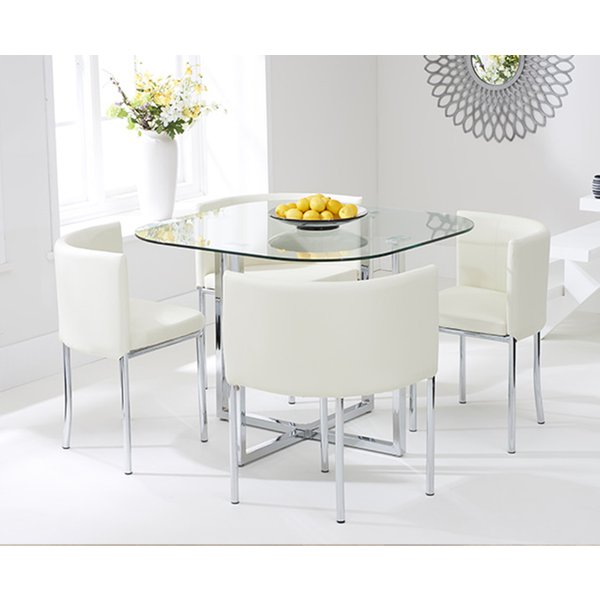 Algarve Glass Stowaway Dining Table with Cream High Back Stools - Cream, 4 Chairs