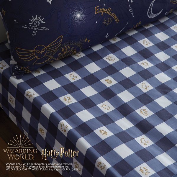 Harry Potter Hogwarts Checked Fitted Sheet Dark Blue