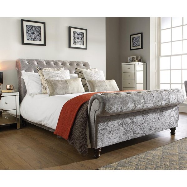 Castello Steel Fabric Scroll Sleigh Bed Frame - 4ft6 Double