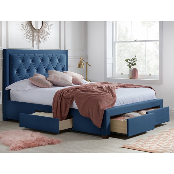 Woodbury Blue Velvet Fabric 4 Drawer Storage Bed - 5ft King Size