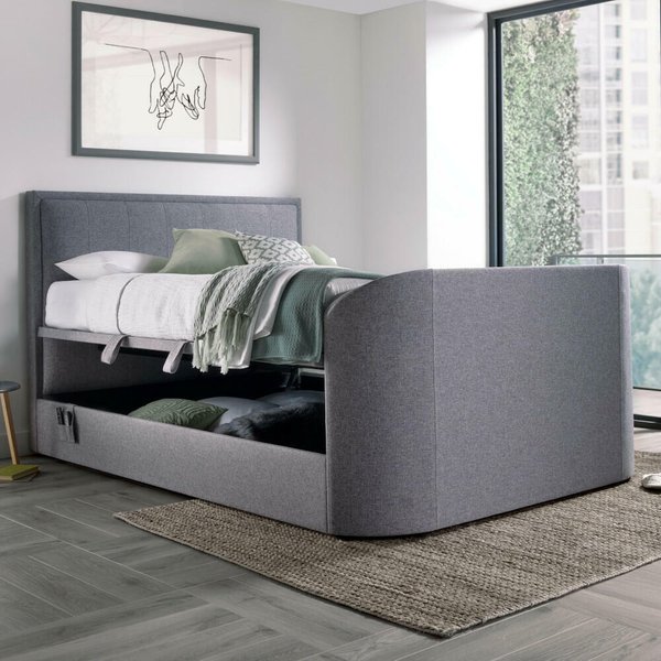 Griffin Light Grey Fabric Ottoman Media Electric TV Bed - 4ft6 Double
