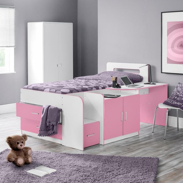 Cookie Pink and White Wooden Cabin Bed Frame - 3ft Single
