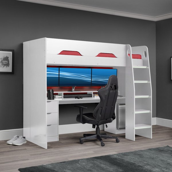 Mercury White Wooden High Sleeper Gaming Bed Frame - 3ft Single