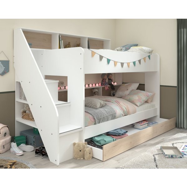 Bibliobed White and Oak Staircase Bunk Bed With Underbed Trundle - EU Single