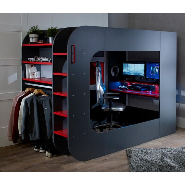 PodBed Grey and Red Gaming High Sleeper - EU Small Double